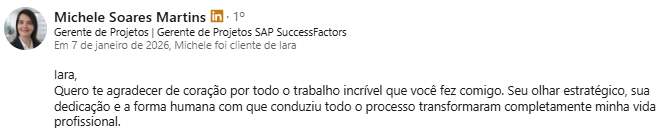 Depoimento de Michele Soares Martins publicado no LinkedIn